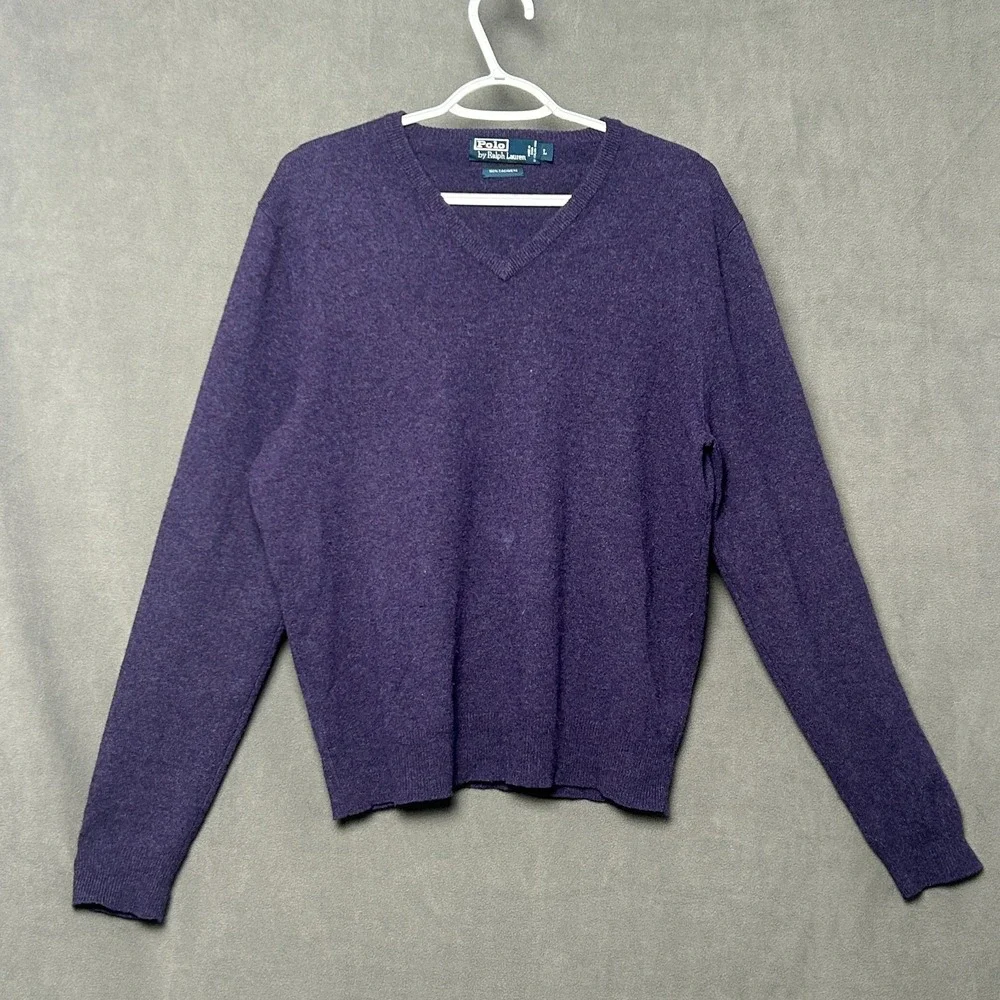 Vintage Polo Ralph Lauren Mens L Purple Lambswool V-Neck Pullover Knit Sweater
